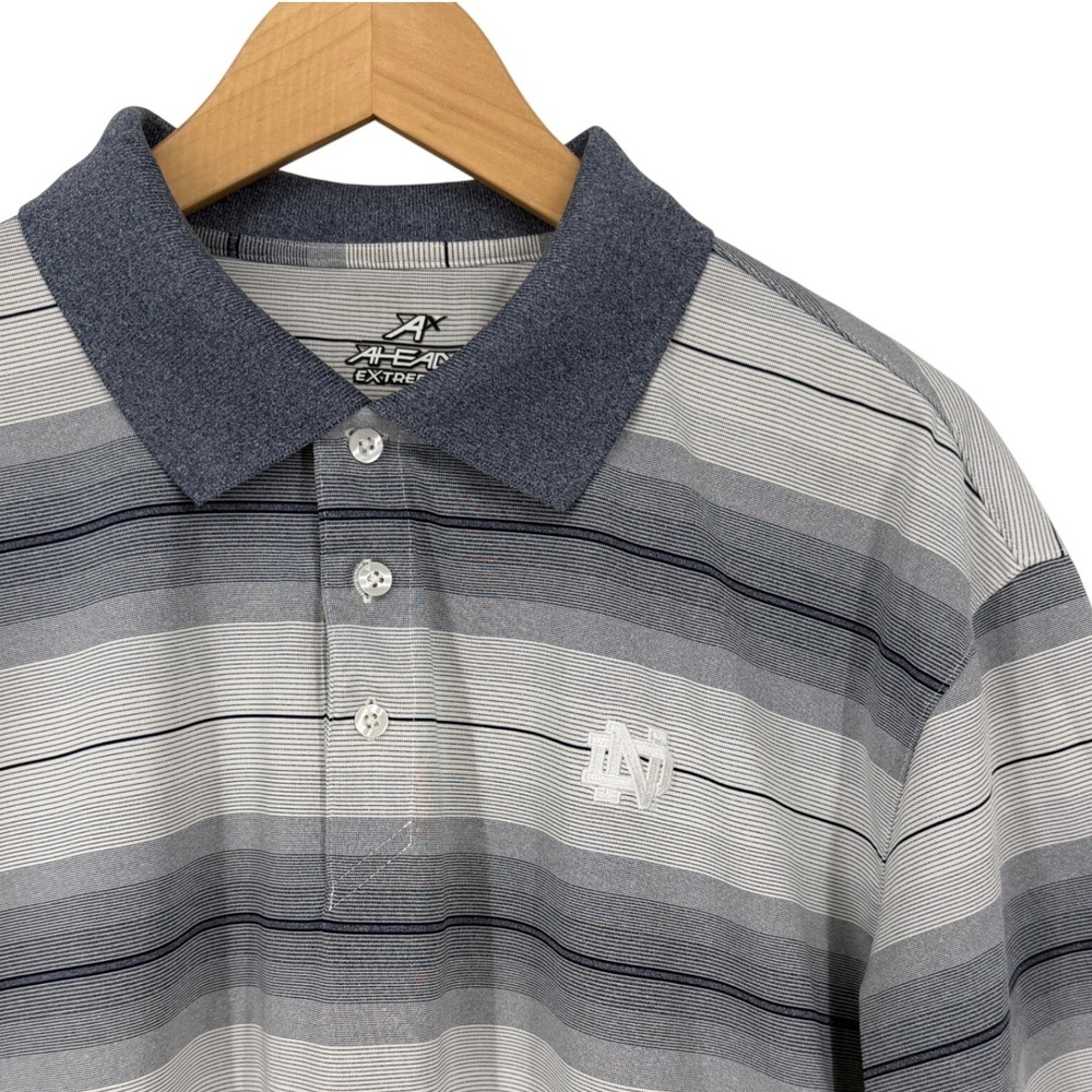 Ahead Extreme Mens Large Polo Shirt Notre Dame ND Grey Blue Striped Golf Top